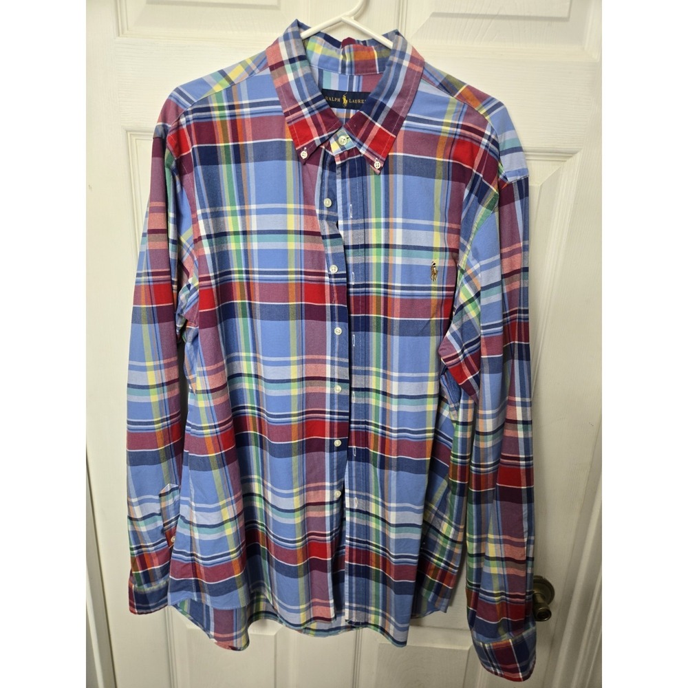 Polo Ralph Lauren Oxford Shirt Men XL Pony Red Blue Plaid Madras Fit Button Down